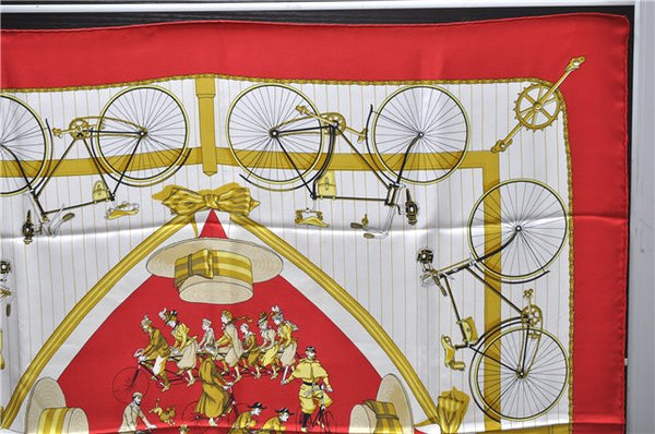 Authentic HERMES Carre 90 Scarf "LES BECANES" Silk Red 5438D