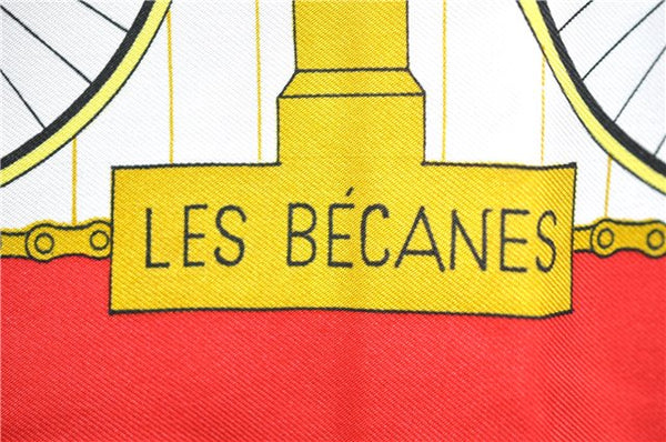 Authentic HERMES Carre 90 Scarf "LES BECANES" Silk Red 5438D