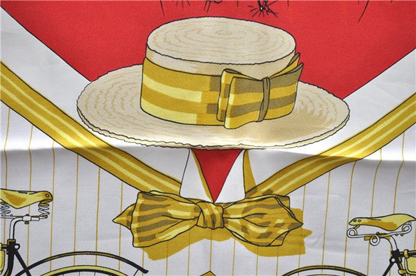 Authentic HERMES Carre 90 Scarf "LES BECANES" Silk Red 5438D