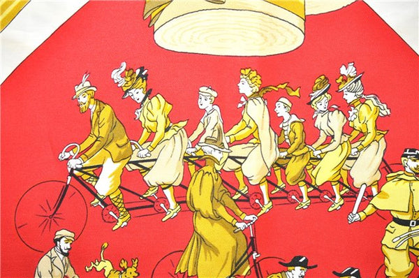 Authentic HERMES Carre 90 Scarf "LES BECANES" Silk Red 5438D