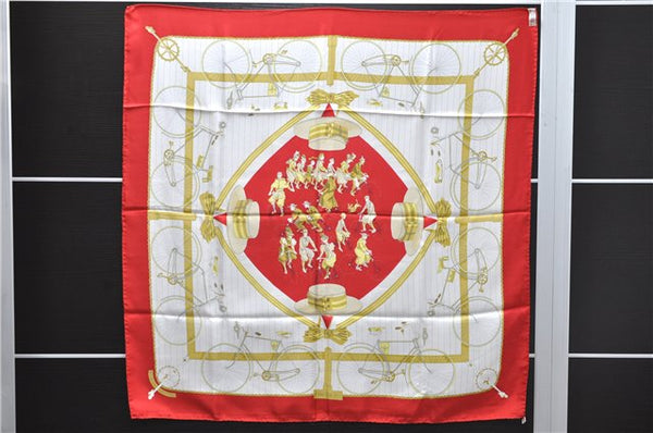 Authentic HERMES Carre 90 Scarf "LES BECANES" Silk Red 5438D