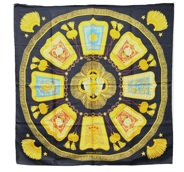 Authentic HERMES Carre 90 Scarf "Poste et Cavalerie" Silk Black 5441D