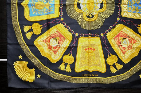 Authentic HERMES Carre 90 Scarf "Poste et Cavalerie" Silk Black 5441D