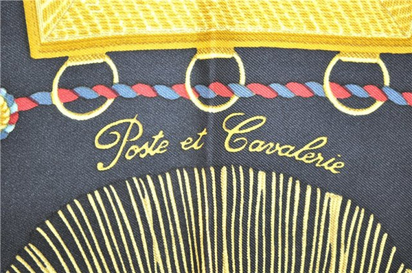 Authentic HERMES Carre 90 Scarf "Poste et Cavalerie" Silk Black 5441D