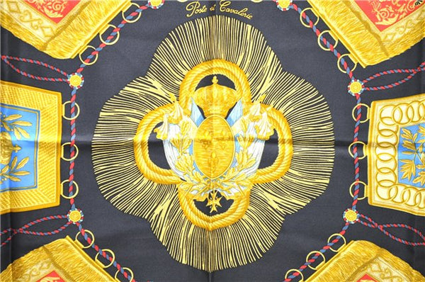 Authentic HERMES Carre 90 Scarf "Poste et Cavalerie" Silk Black 5441D