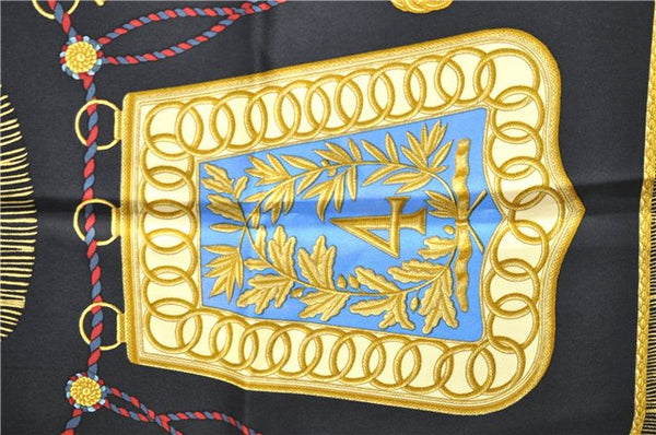Authentic HERMES Carre 90 Scarf "Poste et Cavalerie" Silk Black 5441D