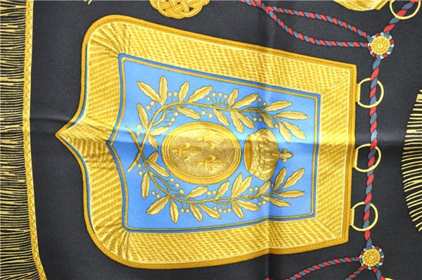 Authentic HERMES Carre 90 Scarf "Poste et Cavalerie" Silk Black 5441D