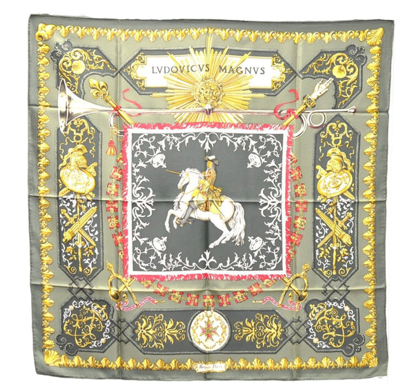 Authentic HERMES Carre 90 Scarf "LVDOVICVS MAGNVS" Silk Khaki Green 5443D