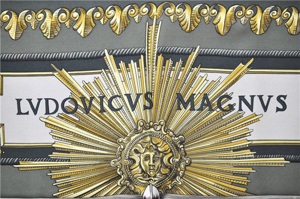 Authentic HERMES Carre 90 Scarf "LVDOVICVS MAGNVS" Silk Khaki Green 5443D