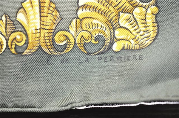 Authentic HERMES Carre 90 Scarf "LVDOVICVS MAGNVS" Silk Khaki Green 5443D