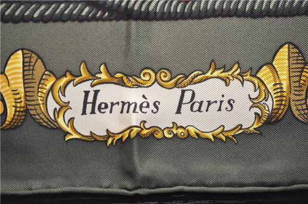 Authentic HERMES Carre 90 Scarf "LVDOVICVS MAGNVS" Silk Khaki Green 5443D