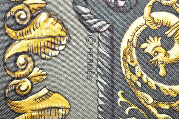 Authentic HERMES Carre 90 Scarf "LVDOVICVS MAGNVS" Silk Khaki Green 5443D