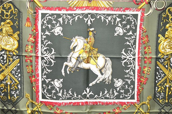 Authentic HERMES Carre 90 Scarf "LVDOVICVS MAGNVS" Silk Khaki Green 5443D