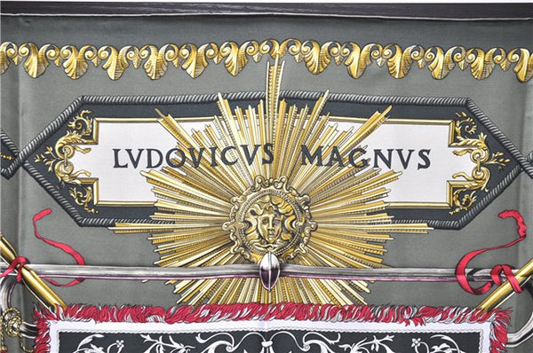 Authentic HERMES Carre 90 Scarf "LVDOVICVS MAGNVS" Silk Khaki Green 5443D