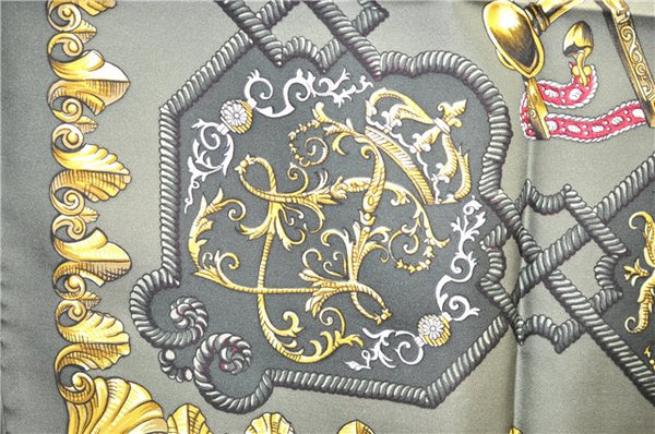 Authentic HERMES Carre 90 Scarf "LVDOVICVS MAGNVS" Silk Khaki Green 5443D