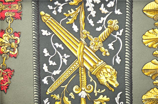 Authentic HERMES Carre 90 Scarf "LVDOVICVS MAGNVS" Silk Khaki Green 5443D