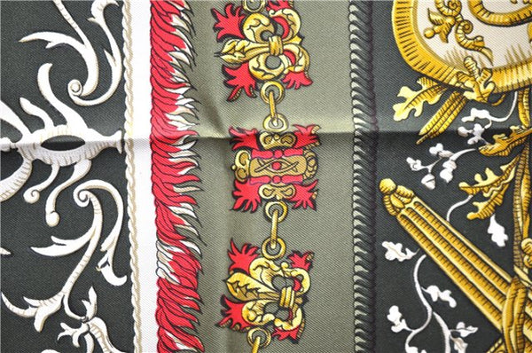 Authentic HERMES Carre 90 Scarf "LVDOVICVS MAGNVS" Silk Khaki Green 5443D