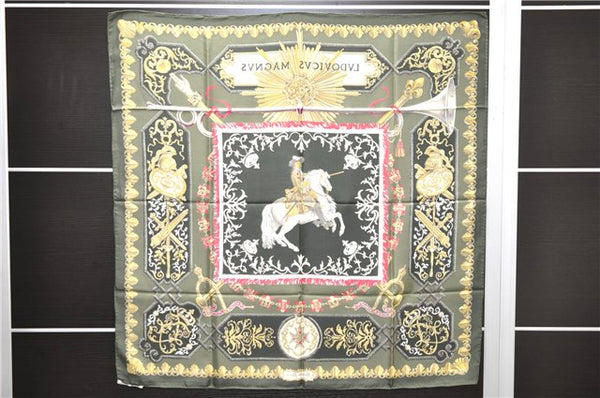 Authentic HERMES Carre 90 Scarf "LVDOVICVS MAGNVS" Silk Khaki Green 5443D