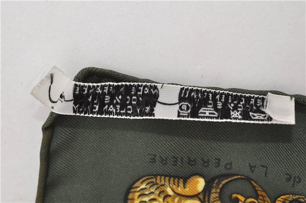 Authentic HERMES Carre 90 Scarf "LVDOVICVS MAGNVS" Silk Khaki Green 5443D