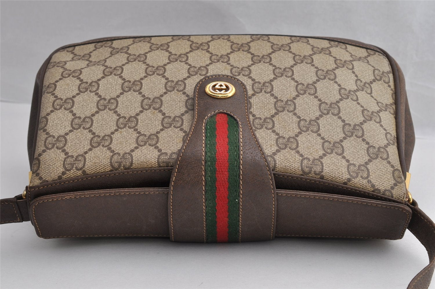 Authentic GUCCI Web Sherry Line Shoulder Cross Bag GG PVC Leather Brown 5444I