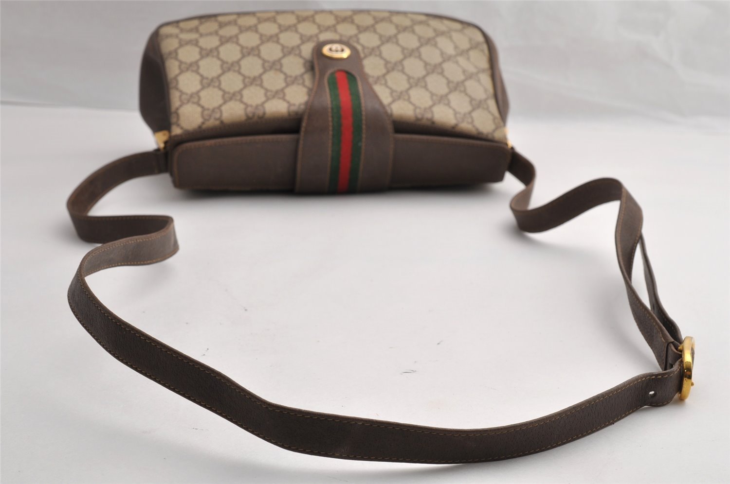 Authentic GUCCI Web Sherry Line Shoulder Cross Bag GG PVC Leather Brown 5444I