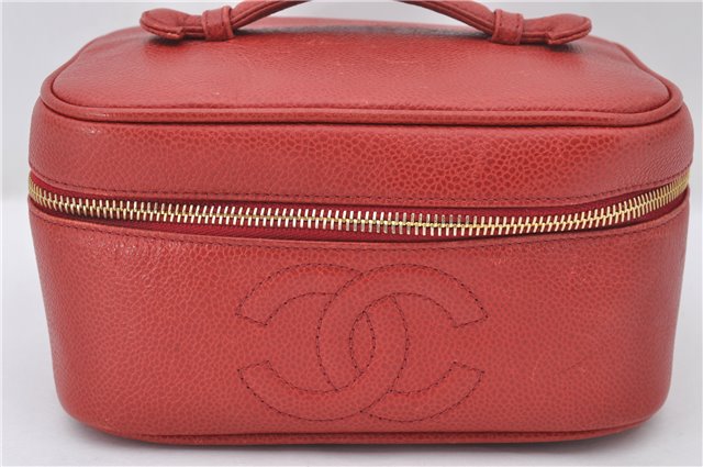 Authentic CHANEL Caviar Skin CoCo Mark Vanity Hand Bag Case Red CC 5452E