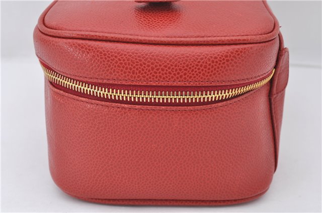 Authentic CHANEL Caviar Skin CoCo Mark Vanity Hand Bag Case Red CC 5452E