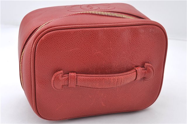 Authentic CHANEL Caviar Skin CoCo Mark Vanity Hand Bag Case Red CC 5452E