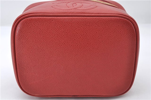 Authentic CHANEL Caviar Skin CoCo Mark Vanity Hand Bag Case Red CC 5452E