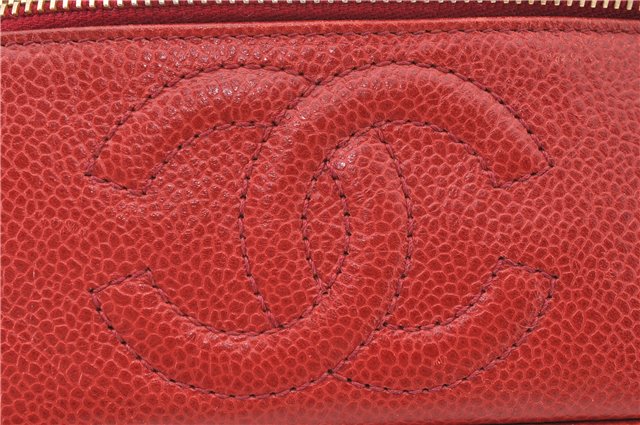 Authentic CHANEL Caviar Skin CoCo Mark Vanity Hand Bag Case Red CC 5452E