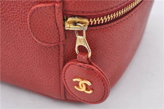 Authentic CHANEL Caviar Skin CoCo Mark Vanity Hand Bag Case Red CC 5452E