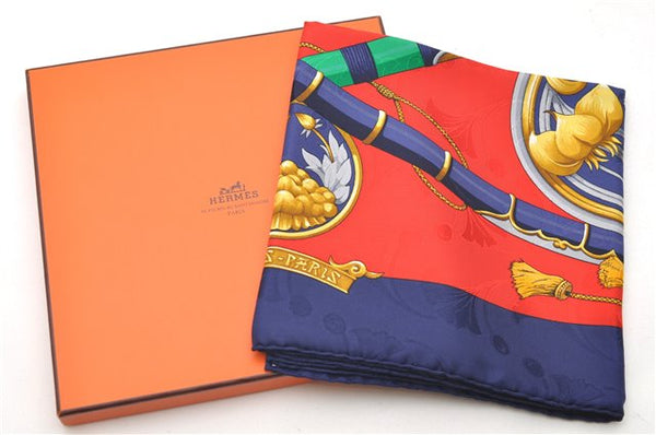 Authentic HERMES Carre 90 Scarf "DAIMYO" Silk Navy Box 5453D