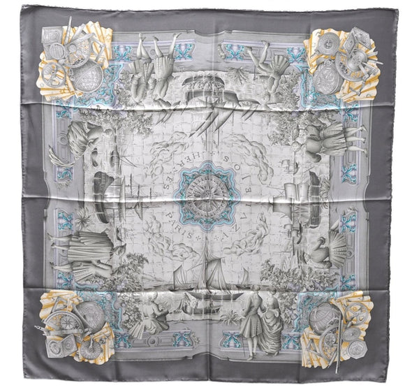 Authentic HERMES Carre 90 Scarf "AZVLEJOS" Silk Gray 5455D