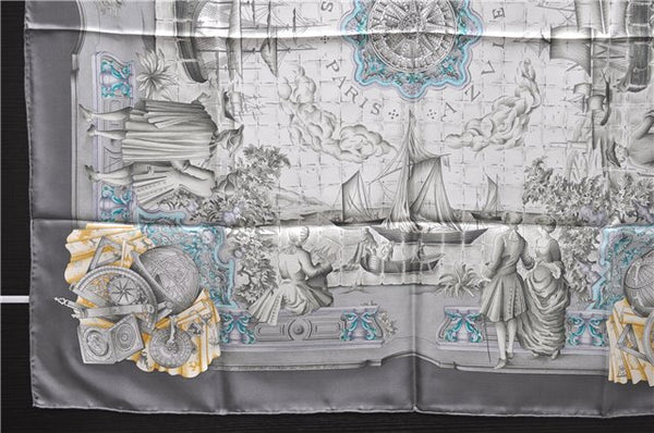 Authentic HERMES Carre 90 Scarf "AZVLEJOS" Silk Gray 5455D