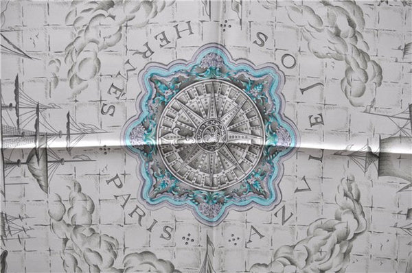 Authentic HERMES Carre 90 Scarf "AZVLEJOS" Silk Gray 5455D