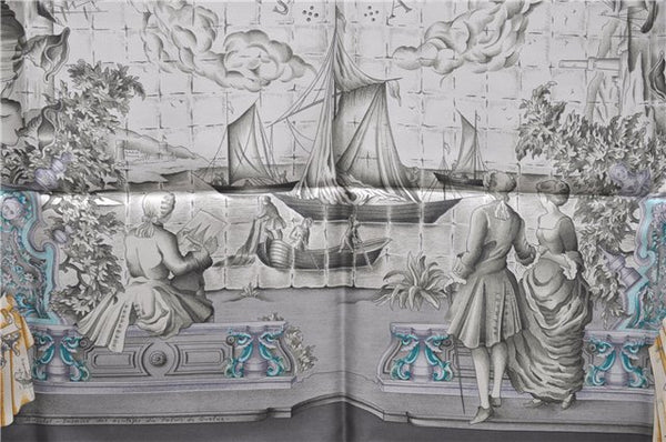 Authentic HERMES Carre 90 Scarf "AZVLEJOS" Silk Gray 5455D