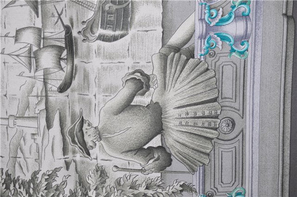 Authentic HERMES Carre 90 Scarf "AZVLEJOS" Silk Gray 5455D