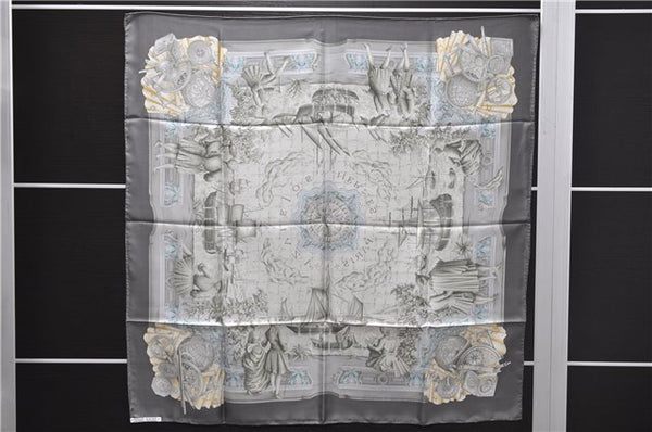 Authentic HERMES Carre 90 Scarf "AZVLEJOS" Silk Gray 5455D