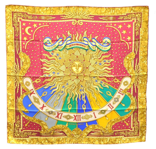 Authentic HERMES Carre 90 Scarf "CARPE DIEM" Silk Red Yellow 5456D