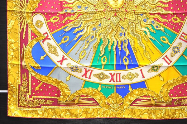 Authentic HERMES Carre 90 Scarf "CARPE DIEM" Silk Red Yellow 5456D