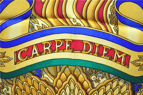 Authentic HERMES Carre 90 Scarf "CARPE DIEM" Silk Red Yellow 5456D