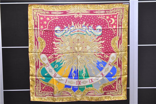Authentic HERMES Carre 90 Scarf "CARPE DIEM" Silk Red Yellow 5456D