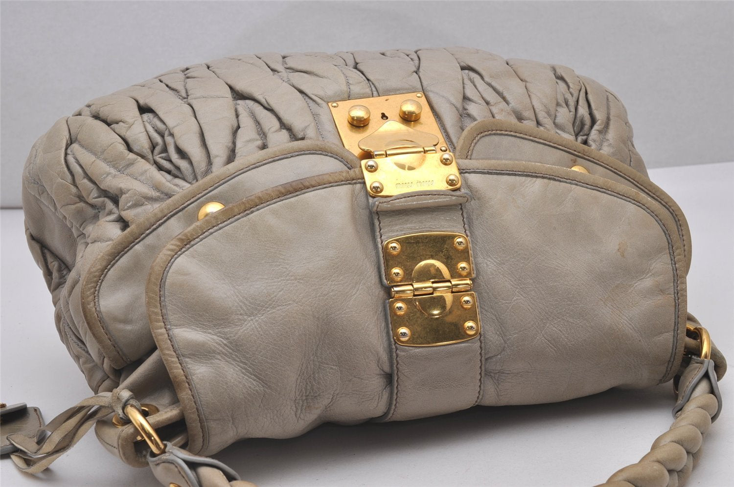 Authentic MIU MIU Matelasse Vintage Leather 2Way Shoulder Hand Bag Gray 5457I