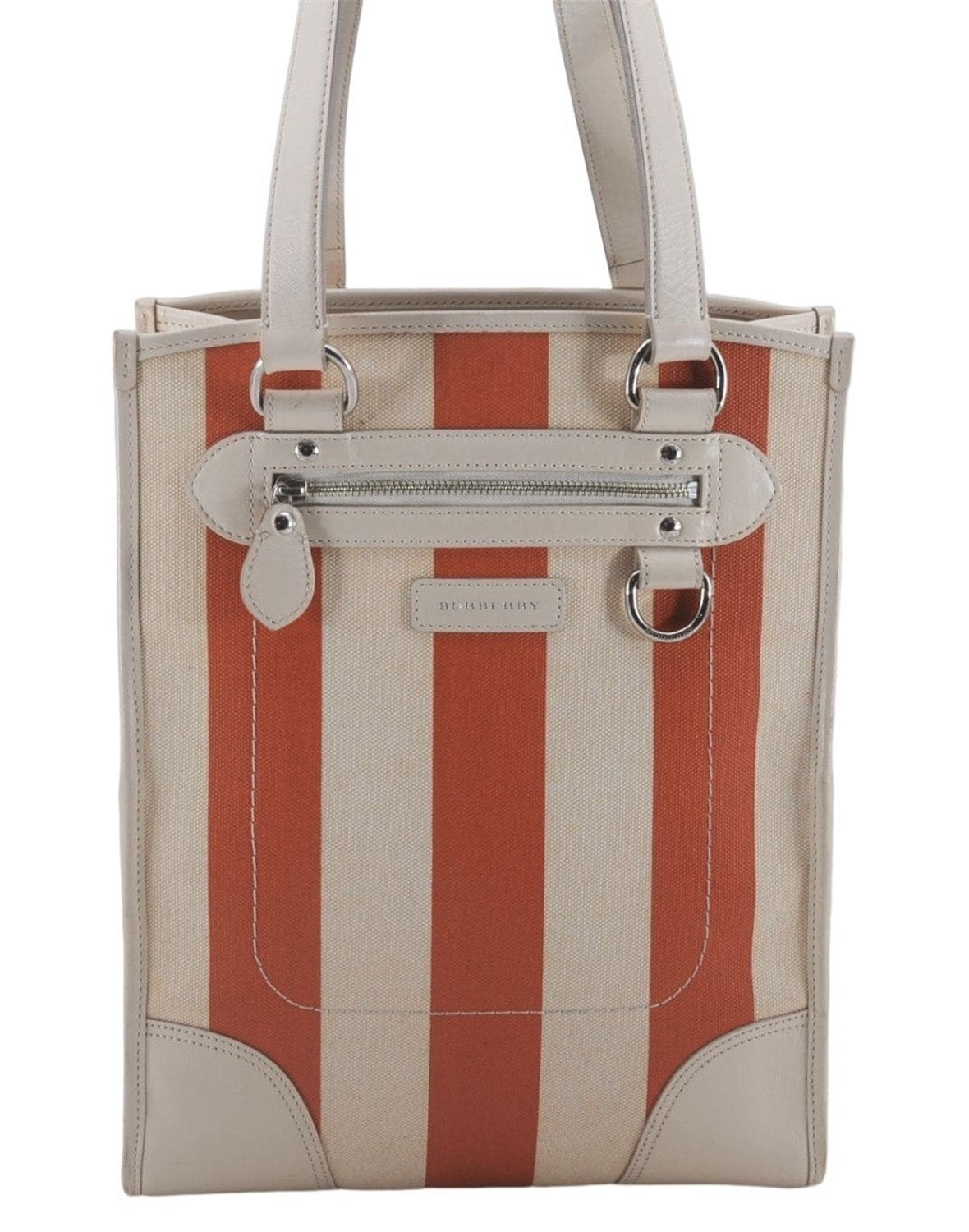 Authentic BURBERRY Stripe Shoulder Toe Bag Canvas Leather Ivory Orange 5469D