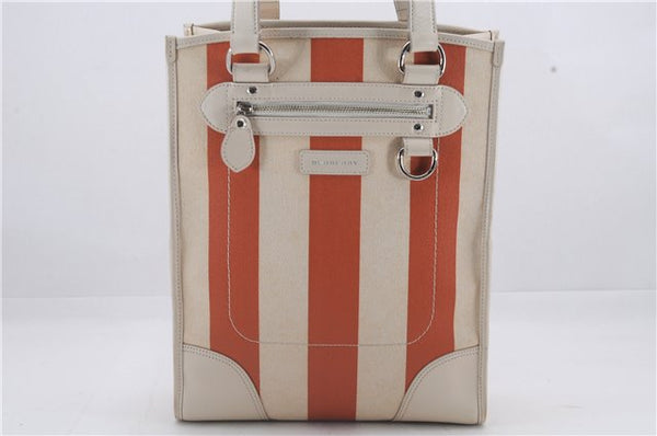Authentic BURBERRY Stripe Shoulder Toe Bag Canvas Leather Ivory Orange 5469D