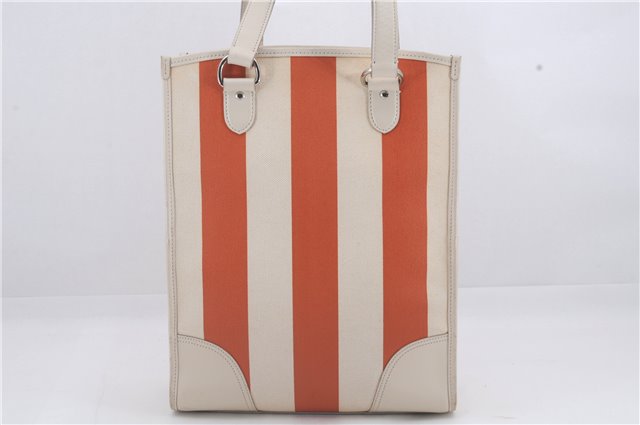 Authentic BURBERRY Stripe Shoulder Toe Bag Canvas Leather Ivory Orange 5469D