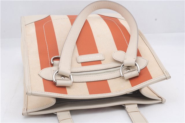 Authentic BURBERRY Stripe Shoulder Toe Bag Canvas Leather Ivory Orange 5469D