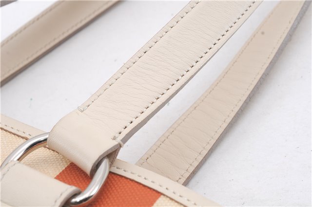 Authentic BURBERRY Stripe Shoulder Toe Bag Canvas Leather Ivory Orange 5469D