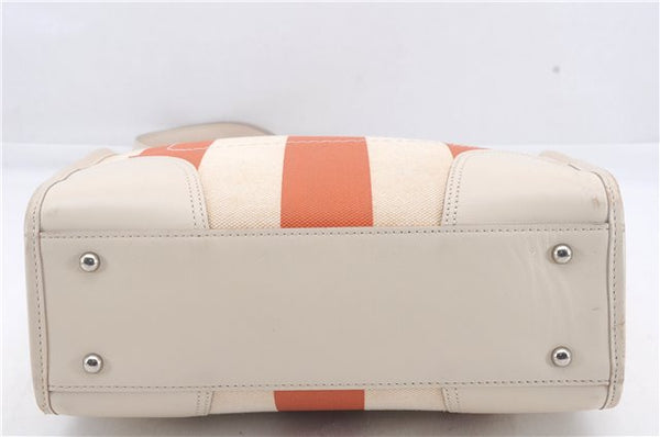 Authentic BURBERRY Stripe Shoulder Toe Bag Canvas Leather Ivory Orange 5469D