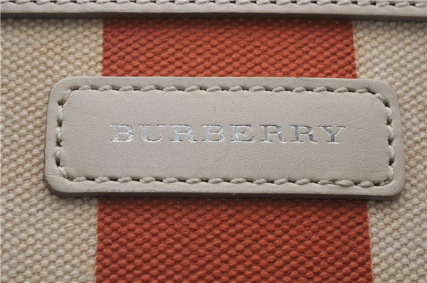 Authentic BURBERRY Stripe Shoulder Toe Bag Canvas Leather Ivory Orange 5469D